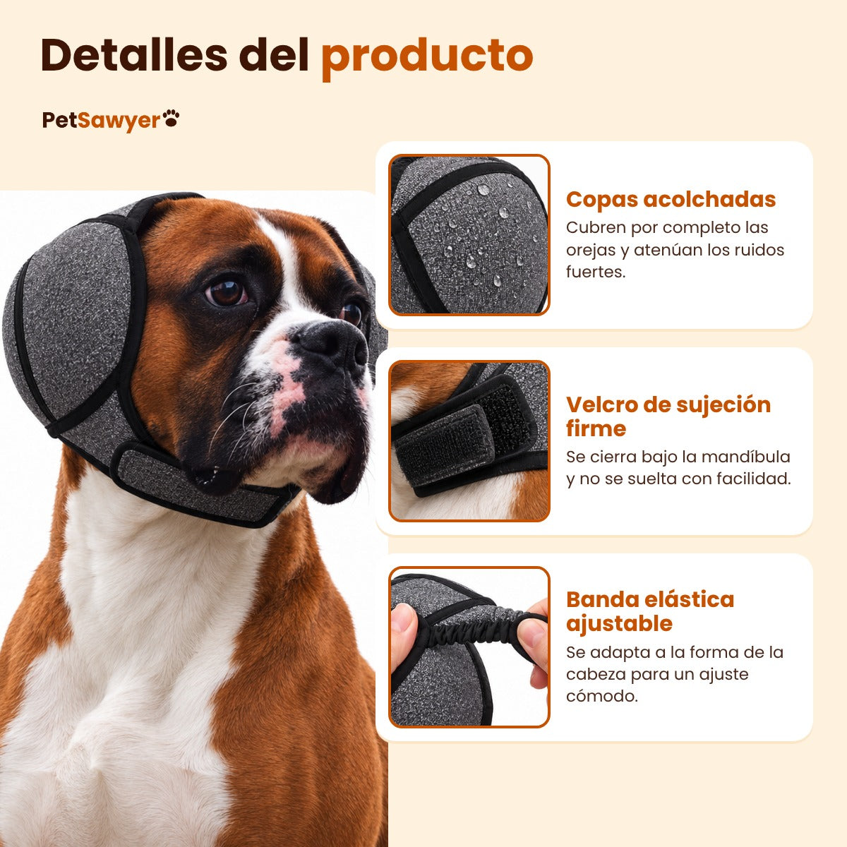 Detalles de las orejeras: copas acolchadas, velcro y banda elástica