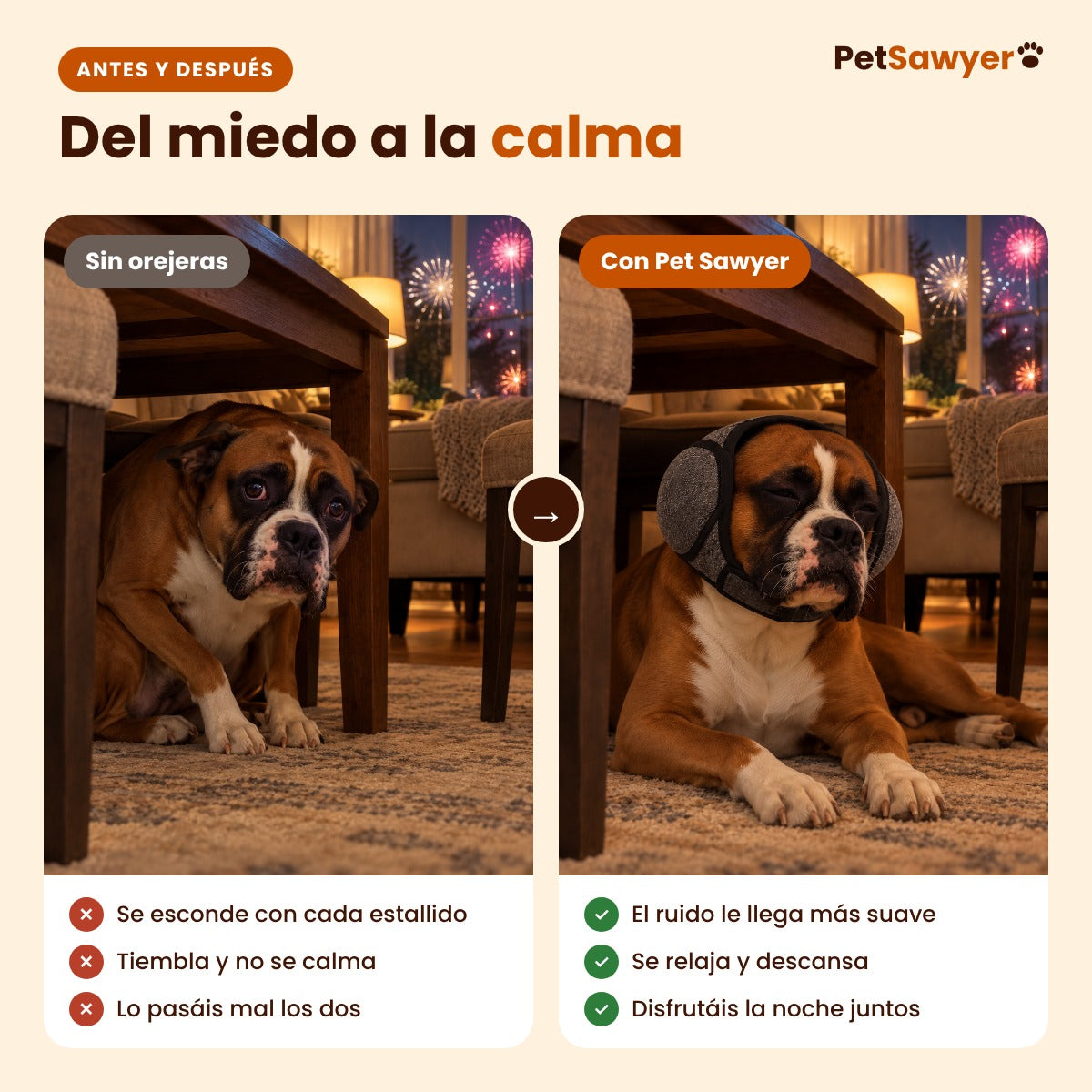 Antes y después: de esconderse con miedo a estar tranquilo con las orejeras Pet Sawyer