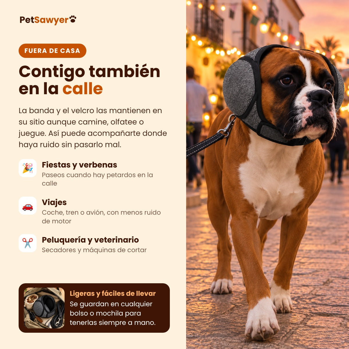Perro paseando con las orejeras por la calle en fiestas